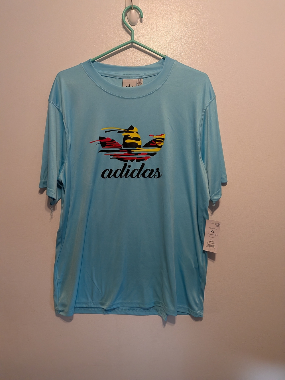 adidas Light Blue Short-Sleeve Logo Tee with Multicolor Graphic